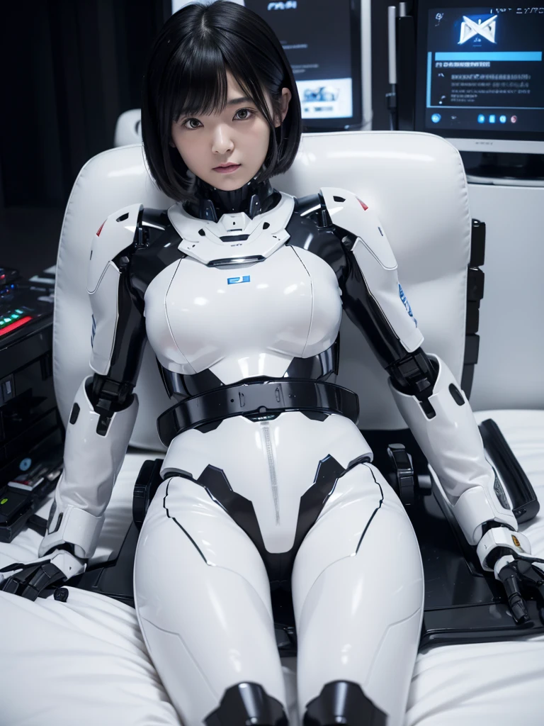 Japanese female android,Black Hair,lying on your back on the bed,fixed with a belt,Plump,Slightly thicker,White robot suit,There is a control panel on the chest.,Robotic arms and legs,A room filled with machines,
