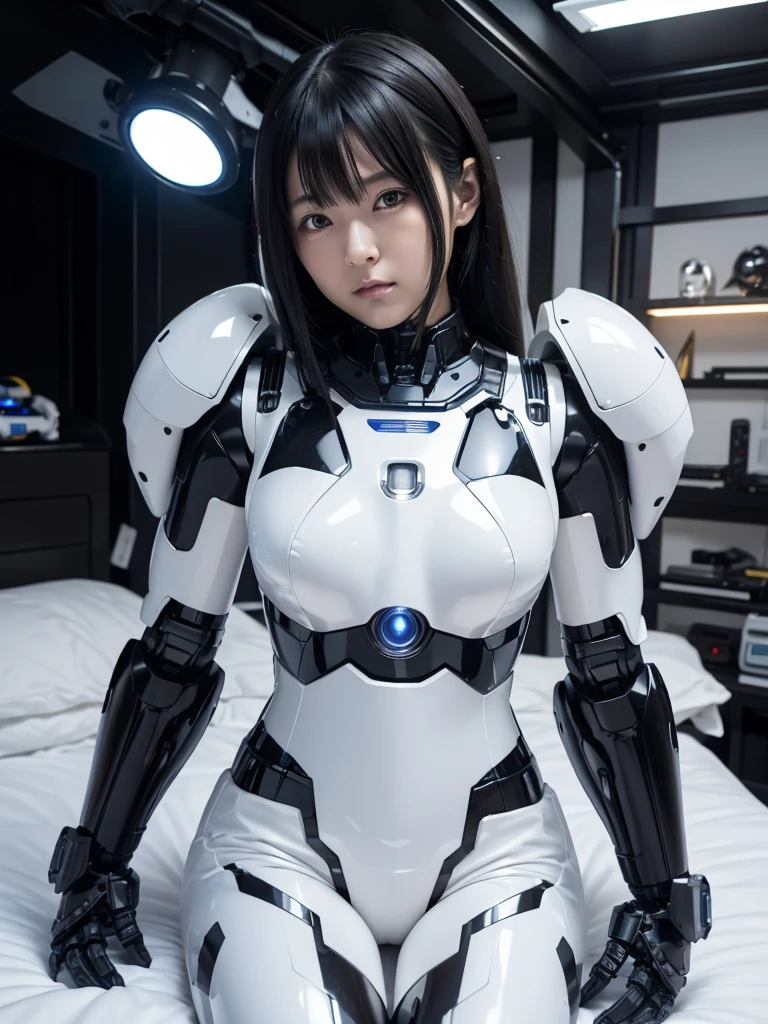 Japanese female android,Black Hair,lying on your back on the bed,fixed with a belt,Plump,Slightly thicker,White robot suit,There is a control panel on the chest.,Robotic arms and legs,A room filled with machines,