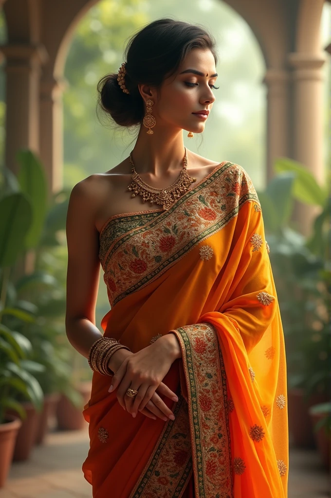 A women, figure - 60 20 60, indian , white skin, wearing saree