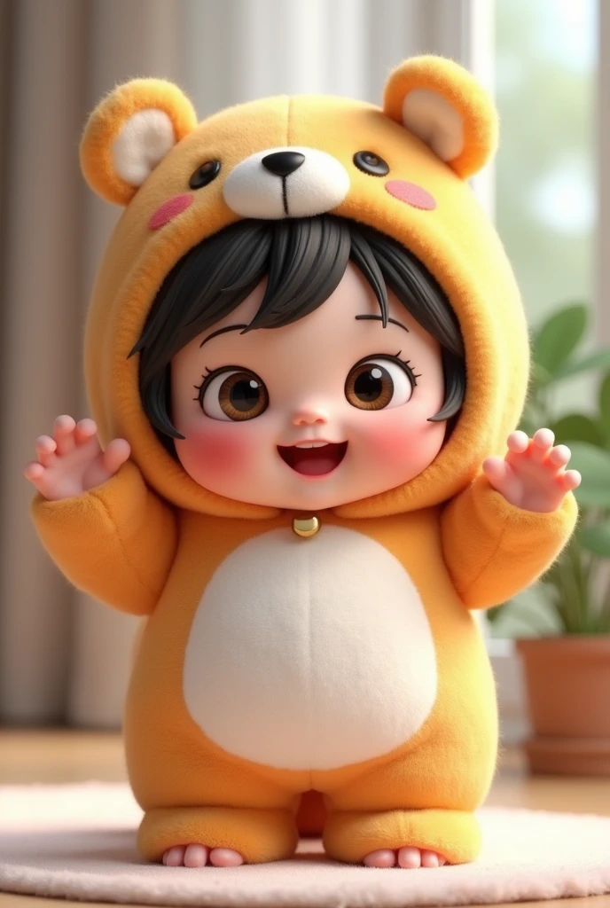 (girl),(()) ,3d images ,Highest quality 8K ,Chubby body shape,((Very fat)),Pink cheeks,podgy,Good mood,((Raise both hands in greeting)),((smile)),((Open your eyes.)),Put on a stuffed animal costume,Balanced lighting,blurred background,Middle of the picture