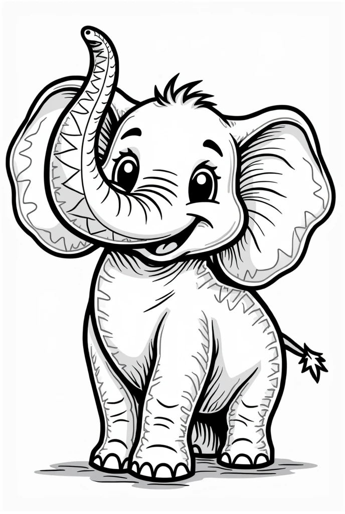 Create a coloring book page for kids with a cheerful elephant standing and lifting its trunk in the air. The elephant should have large, detailed ears and a textured skin pattern to add more coloring areas. Ensure the design has bold, clear outlines for easy coloring."