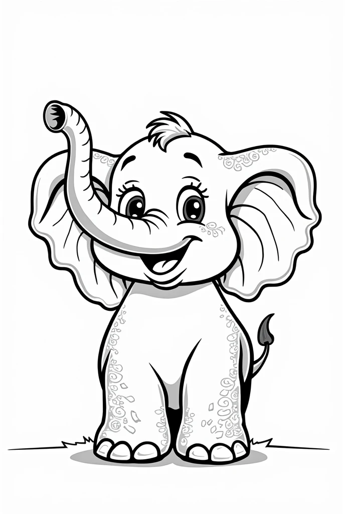 Create a coloring book page for kids with a cheerful elephant standing and lifting its trunk in the air. The elephant should have large, detailed ears and a textured skin pattern to add more coloring areas. Ensure the design has bold, clear outlines for easy coloring."