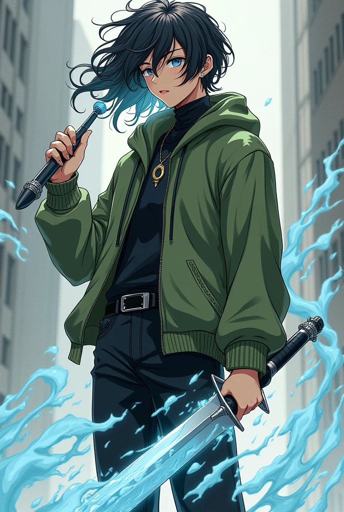 A demigod of 1,80 Black hair, half straight, half curly Wears a casual black blouse and a moss green sweatshirt and black pants My weapon is a pen that turns into a sword My powers are based on manipulating water and earthquakes and water gives me a healing factor too
