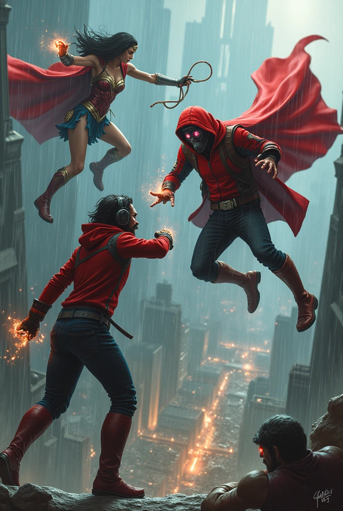 Young Star-lord with red hoodie, headphones, star-lord helmet, gas helmet, covered mouth, round red eyes, Red eyes, magic rings in the hands and rocket boots, Vs. Doctor strange Zombie, Vs. Wonder Woman, Fighting, power, fiction, full body, 3 person, magic lasso, hight, fall, fire in boots, poweful spells, realistic, helmet, mask, red cape, confrontation, punch, gun, flying in the sky, view of the city from above, rain, fighting over the spell book, Black gloves, ocean floor, face cover