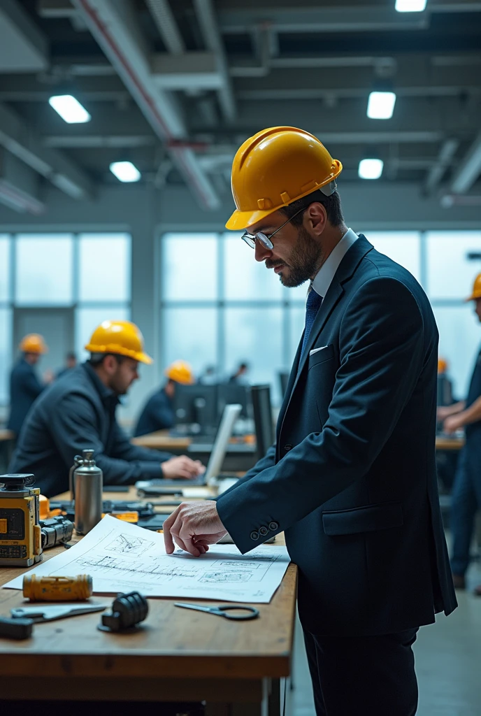 * context: A high-tech civil engineering office filled with computers and several people in hard hats.
* supper: A man in a suit and helmet stands at a workbench, with tools scattered around. They are focused on INTERNAL PRESENTATION PROTOCOL