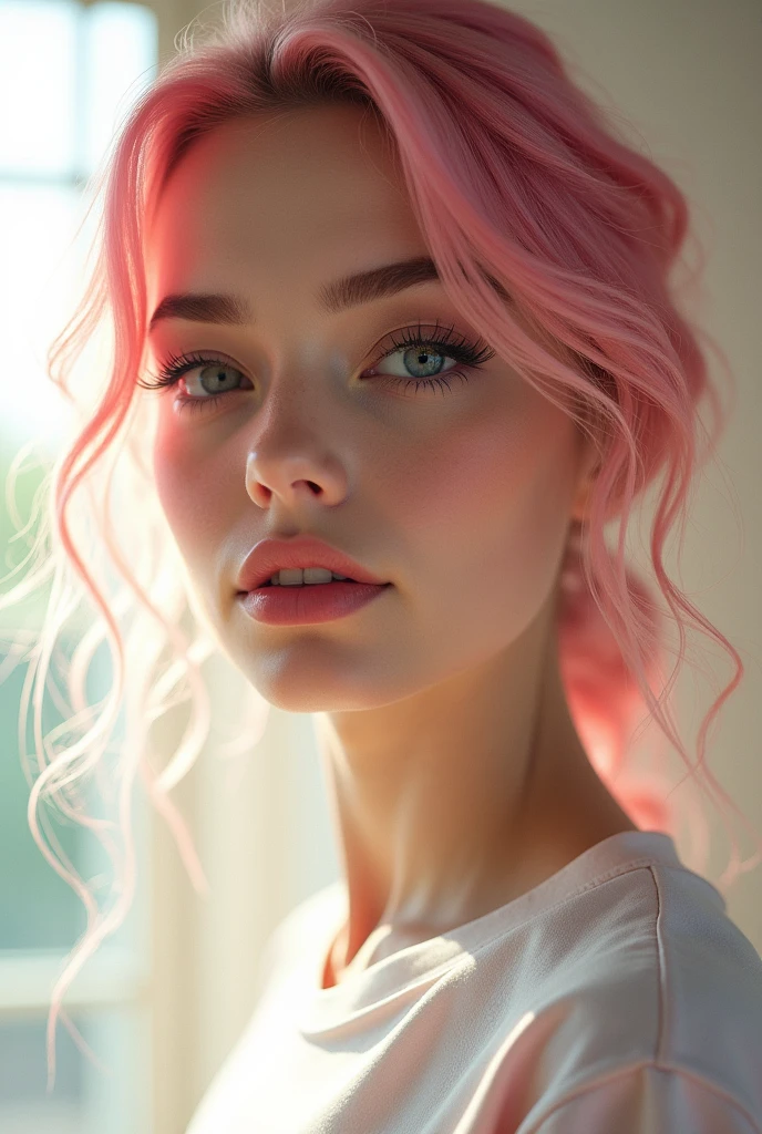 (((ultra realistic))) Photo, masterpiece, top quality, (pale skin), (Ultra detailed face and eyes:1.3), 1 girl, Adult, in a T-shirt, (Eye makeup, mascara) , ((large detailed lips)), ((pink wavy hair)), ((Chyolka)) , (Natural breasts), Slim waist. ((Posing)), photoshoot, studio (soft lighting), (The play of light and shadows), depth of field, bokeh, (special attention to skin detail: 1.2), Detailed leather texture, skin pores. (Airy atmosphere of the frame. Color range - delicate, Bright, white, Pink tones), UDR, ((Film grain)), ((rays)), ((glare of the sun)), ((waist up portrait, close to the camera)) , ultra detialed,