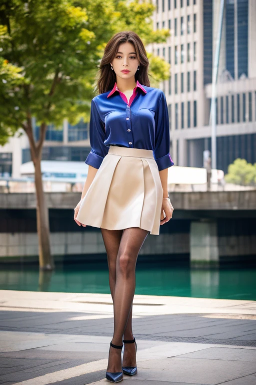 (Colorful collared shirts)、(Midi Skirt:1.2) 、Full Body Portrait、(silk pantyhose)、Sitting、Both legs and high heels look beautiful.、1 girl、Perfect body,Two well-balanced legs、 Perfect hands, (Perfect Face, Perfect Eyes), Accurate,(Perfect Anatomy, Anatomically correct), Perfectly clear and sharp focus、Large Breasts、Modern architecture in the background、((Highest quality、Ultra-high resolution、masterpiece)) 
