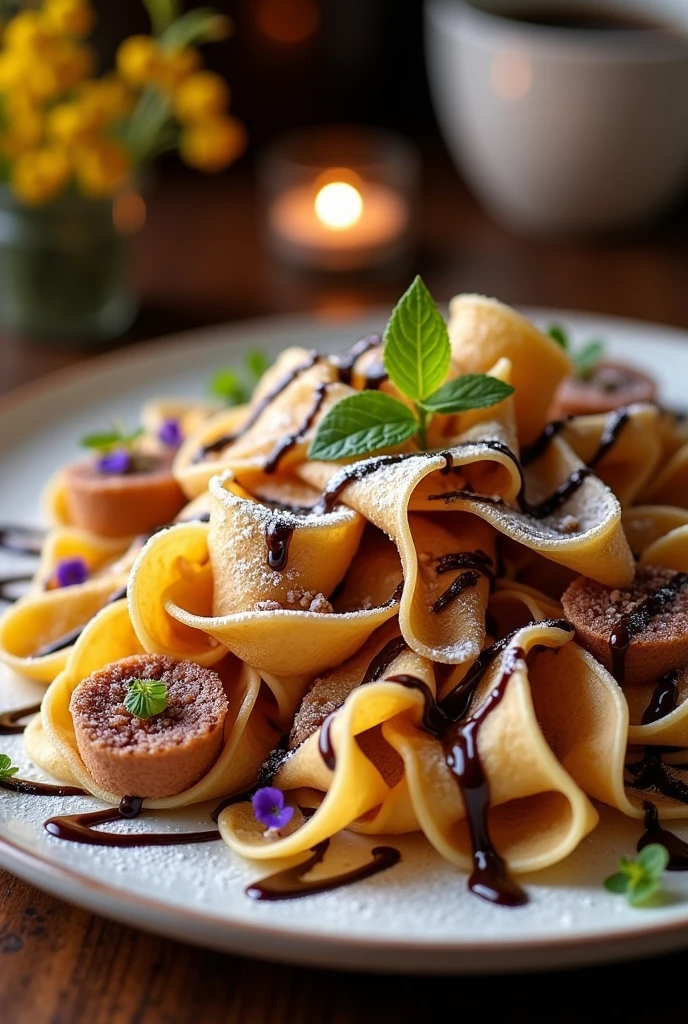 Crepe en tagliatelle avec des mini pancake et du gateau moka couper en morceau