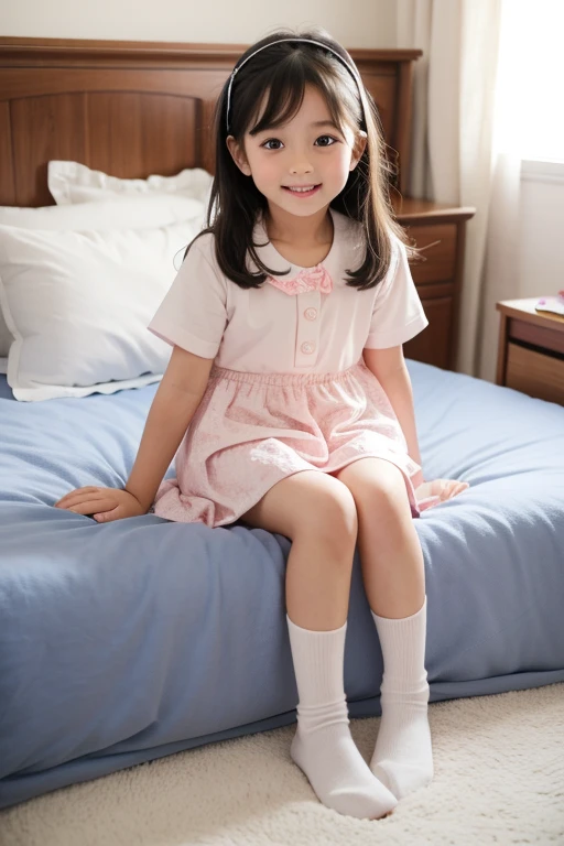 Cute and lovely elementary school first grade girl pretty face full body sitting on bed full photo little child