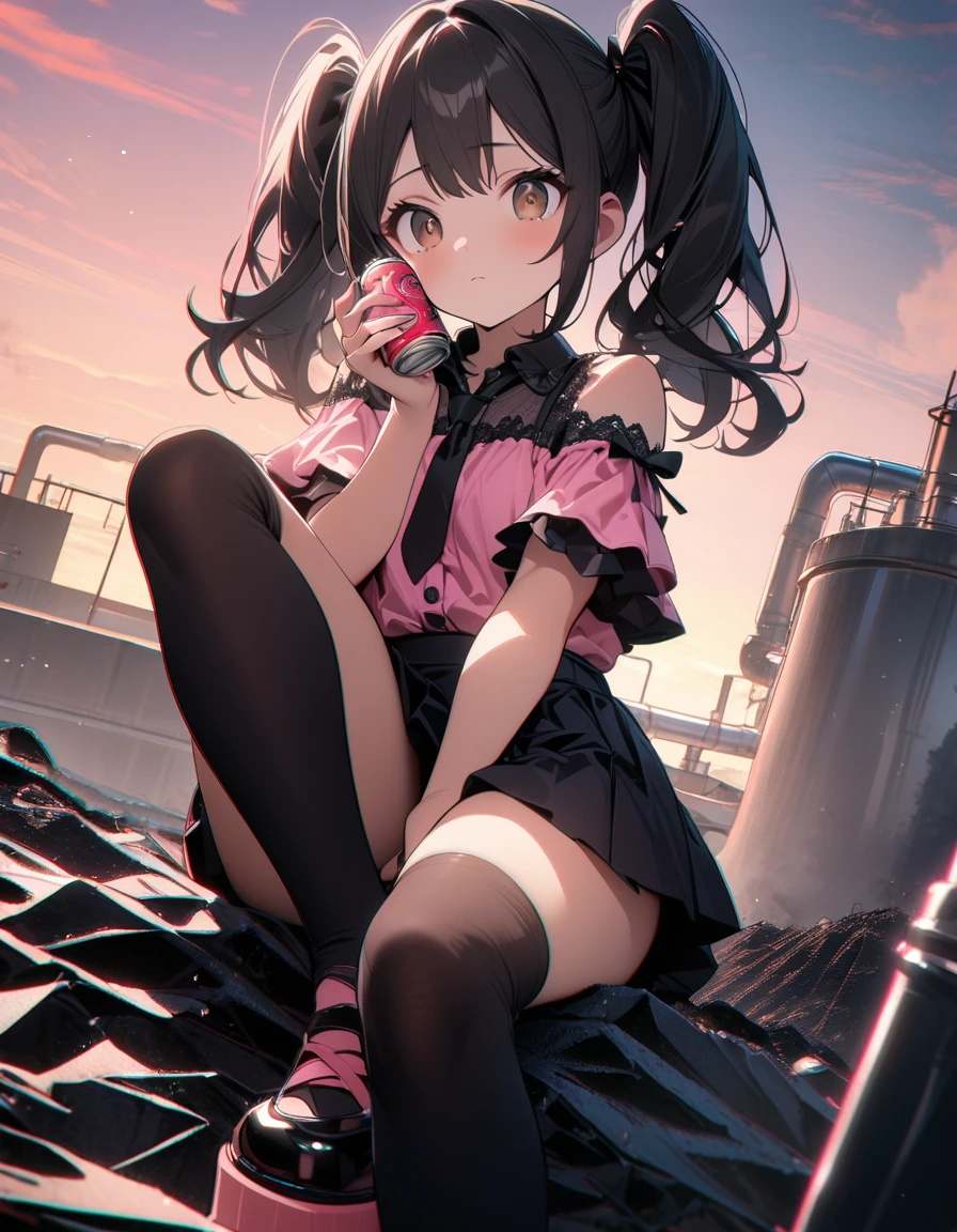 (8K, best quality, master piece: 1.2),ultra-high resolution,1 girl,solo,ultra-detailed face,detailed eyes,brown eyes,eyelash extension,Circular eye area eye shadow,black hair,twintails,Short sleeve frilled pink blouse(pink:1.5),Cold Shoulder,black ribbon tie,Mini skirt with black lace-up ribbons on both sides,Black knee-high socks, platform Mary Janes,expressionless,Sitting on a mountain of waste,holding a can of alcohol in one hand,one free hand between legs,Perfect fingers,Waste treatment plant,from below,Sunrise,(chromatic aberration:1.3),(overlooking:1.3)