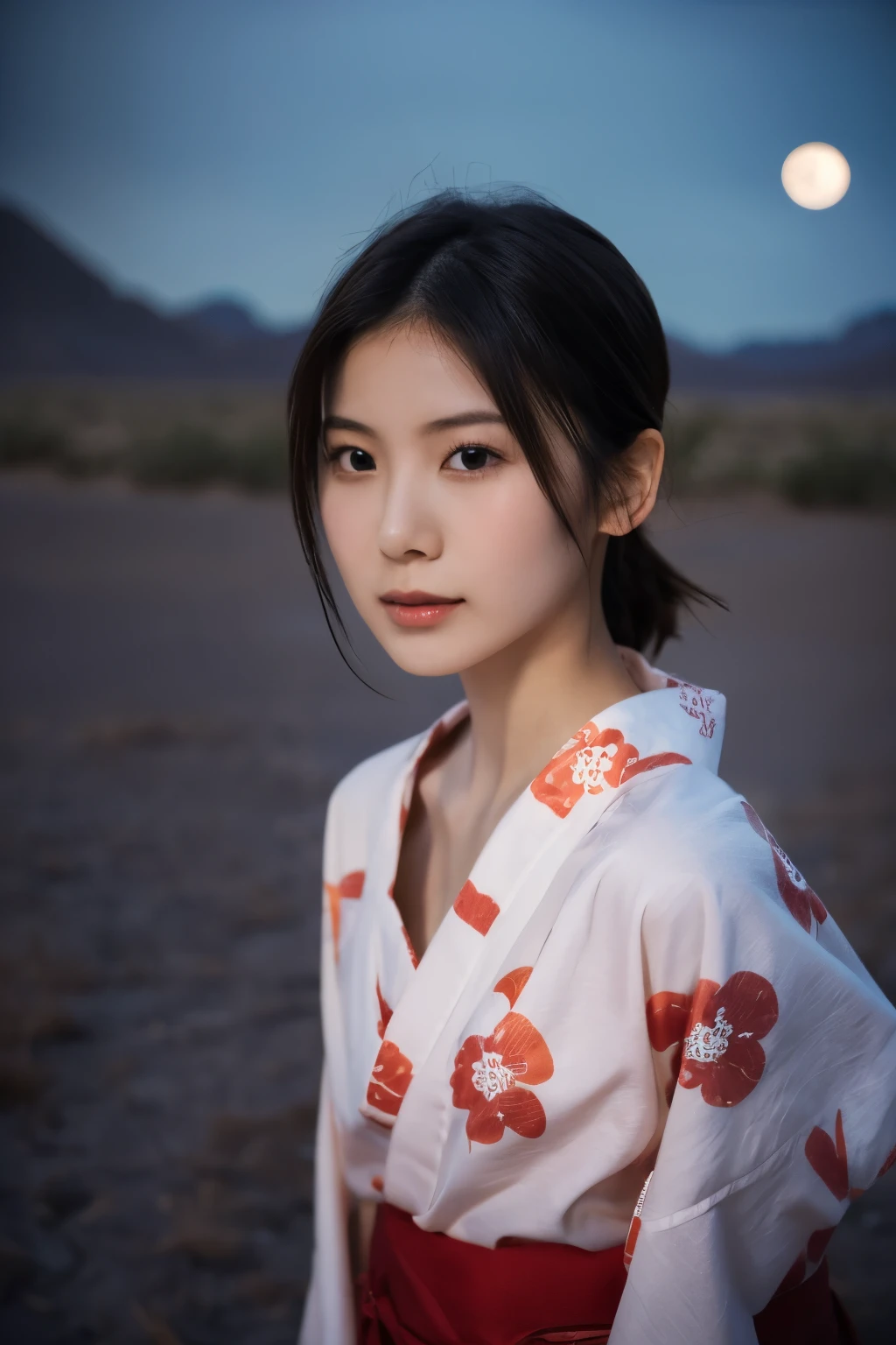 1 girl, (Please wear a cute red yukata....:1.2), Very beautiful Japanese idol portraits, 
(RAW Photos, Highest quality), (Realistic, Realistic:1.4), (masterpiece), 
Very delicate and beautiful, Very detailed, 2k wallpaper, wonderful, finely, Very detailed CG Unity 8K wallpaper, Very detailed, High resolution, Soft Light, 
Beautiful detailed girl, Very detailed目と顔, Beautiful and sophisticated nose, Beautiful and beautiful eyes, Cinema Lighting, 
(Standing in the desert on a moonlit night:1.3), (Big Moon), (月明かりに浮かぶ少女のwhole bodyのシルエット), (Dark screen:1.5), 
(Medium Hair), (Tie your hair back), (whole body), 
Complete Anatomy, Slender body, Small breasts