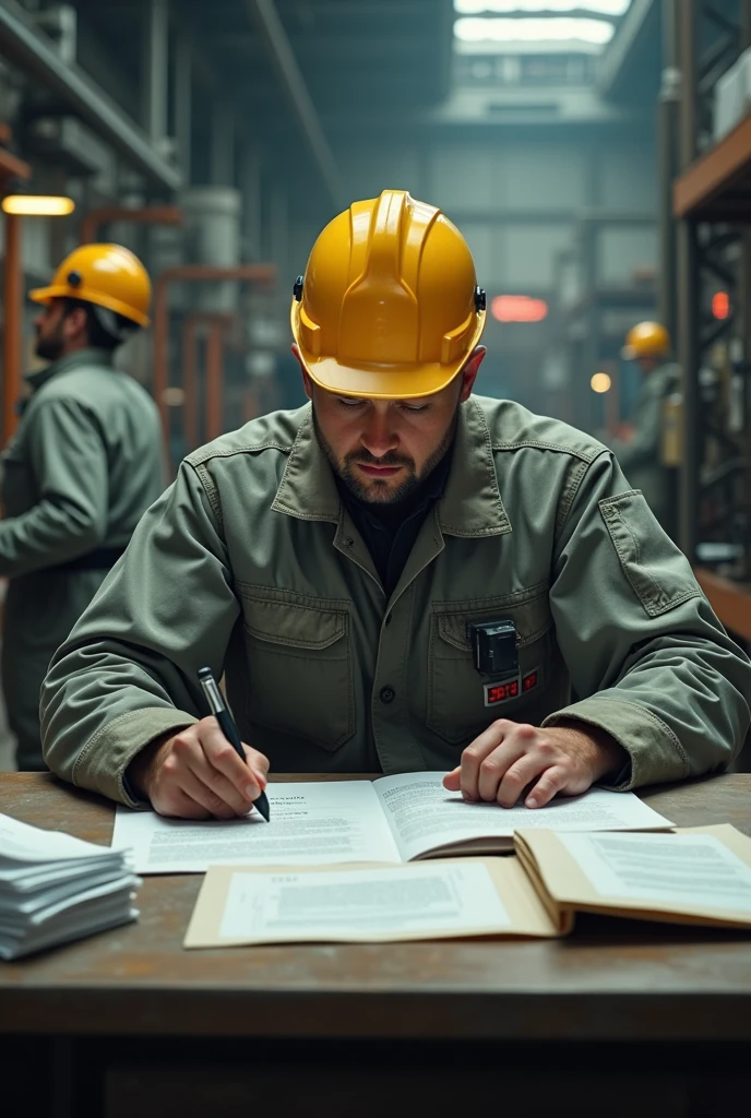 The electrical engineer in the factory is sitting behind the desk in work clothes and a helmet, he is seriously working, he is looking down at the paper and the stack of bills
