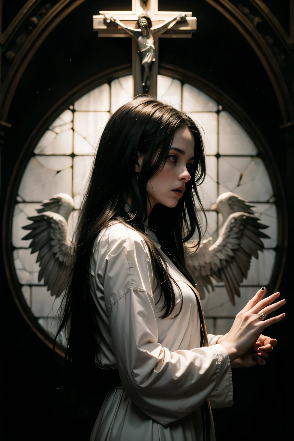 (masterpiece, top quality, best quality, official art, beautiful and aesthetic:1.2), (black and white:1.5), a pale girl with white skin, long hair flowing, black hair, blood dripping from above, stained glass behind with a cross above , occult, oil painting:1.5, gloomy, holy, dark background, black background, a dark shadow behind, side view