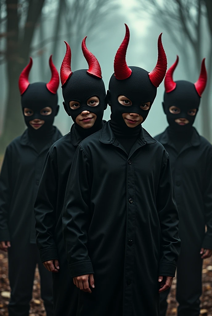 4 Boys wearing black masks and have red horns on head