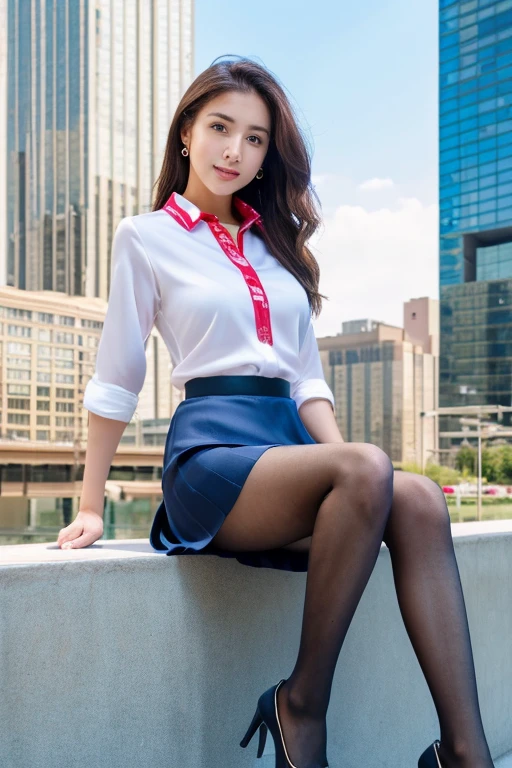 ((Highest quality、Ultra-high resolution、masterpiece、8k))、(Full Body Portrait)、(colored shirt with collar)、(Geometric pattern long skirt:1.3)、((silk pantyhose))、High heels、Sitting and showing off her beautiful legs、1 girl、(Large Breasts)、(Delicate face、Detailed eyes and face、double eyelid、Glossy lipoisturized skin、Highly detailed face and skin texture、Two well-balanced legs、((Perfect Anatomy、Anatomically correct))、Modern architecture in the background、Professional Lighting
