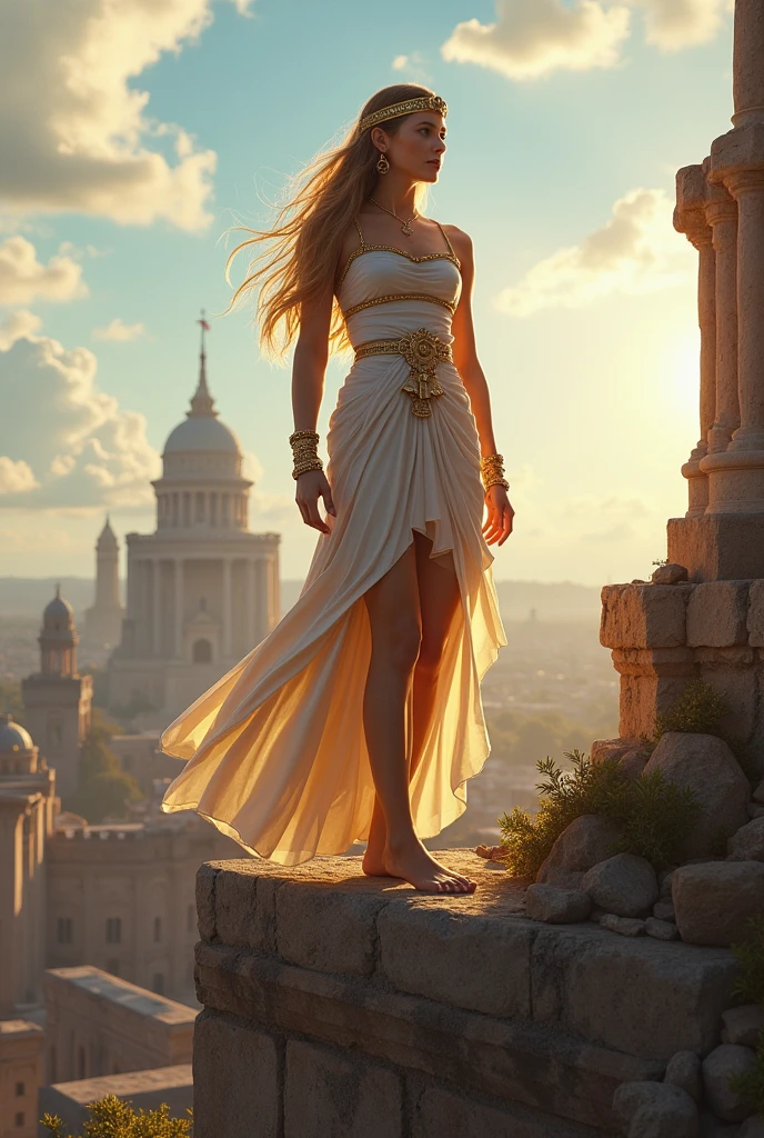 goddess Hera in a short toga with long blond hair stands on the walls of Troy

