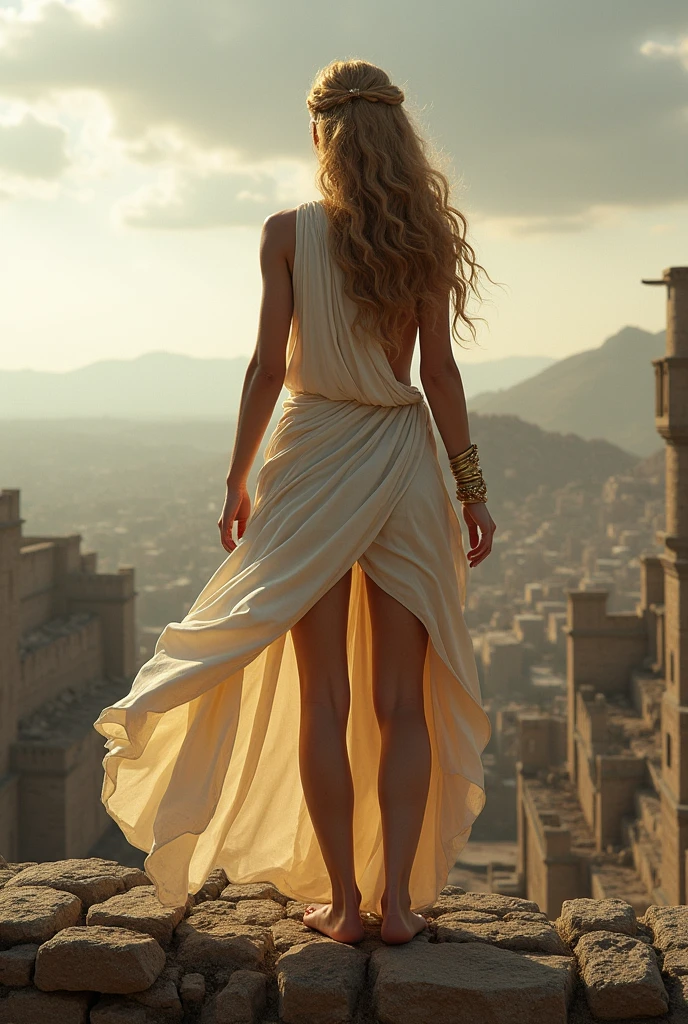 goddess Hera in a short toga with long blond hair stands on the walls of Troy