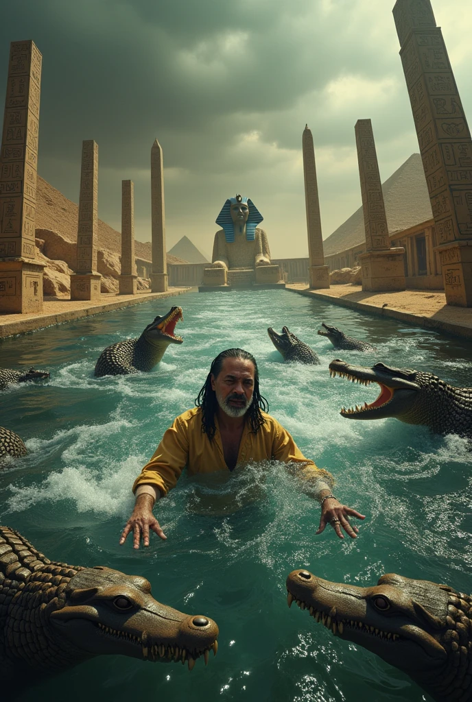 create president lula drowning in the nile river, with crocodiles and Pharaoh Tutakamon