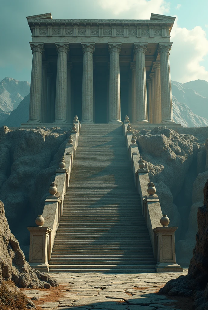 a majestic 99-step temple, greek mythology inspired architecture, intricate stone carvings, towering columns, dramatic lighting, epic fantasy landscape, digital art, cinematic composition, moody colors, dramatic lighting, ultradetailed, 8k, photorealistic