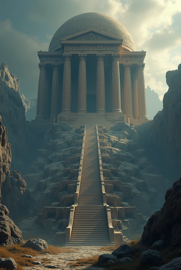 a majestic 99-step temple, greek mythology inspired architecture, intricate stone carvings, towering columns, dramatic lighting, epic fantasy landscape, digital art, cinematic composition, moody colors, dramatic lighting, ultradetailed, 8k, photorealistic