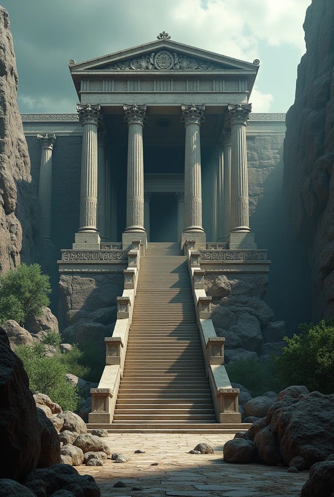 a majestic 99-step temple, greek mythology inspired architecture, intricate stone carvings, towering columns, dramatic lighting, epic fantasy landscape, digital art, cinematic composition, moody colors, dramatic lighting, ultradetailed, 8k, photorealistic