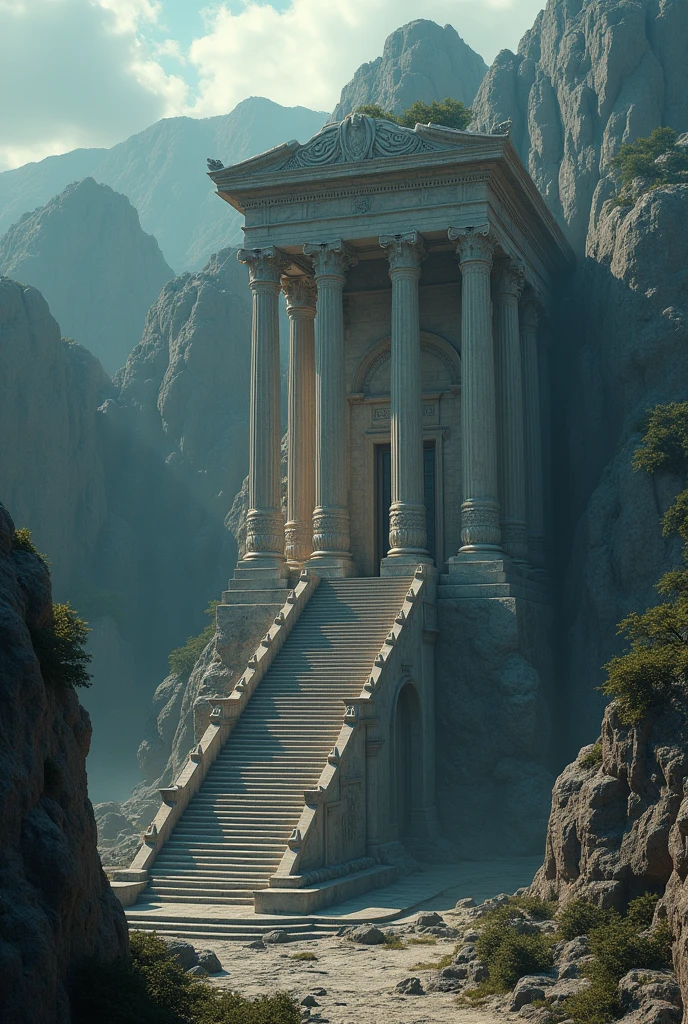 a majestic 99-step temple, greek mythology inspired architecture, intricate stone carvings, towering columns, dramatic lighting, epic fantasy landscape, digital art, cinematic composition, moody colors, dramatic lighting, ultradetailed, 8k, photorealistic