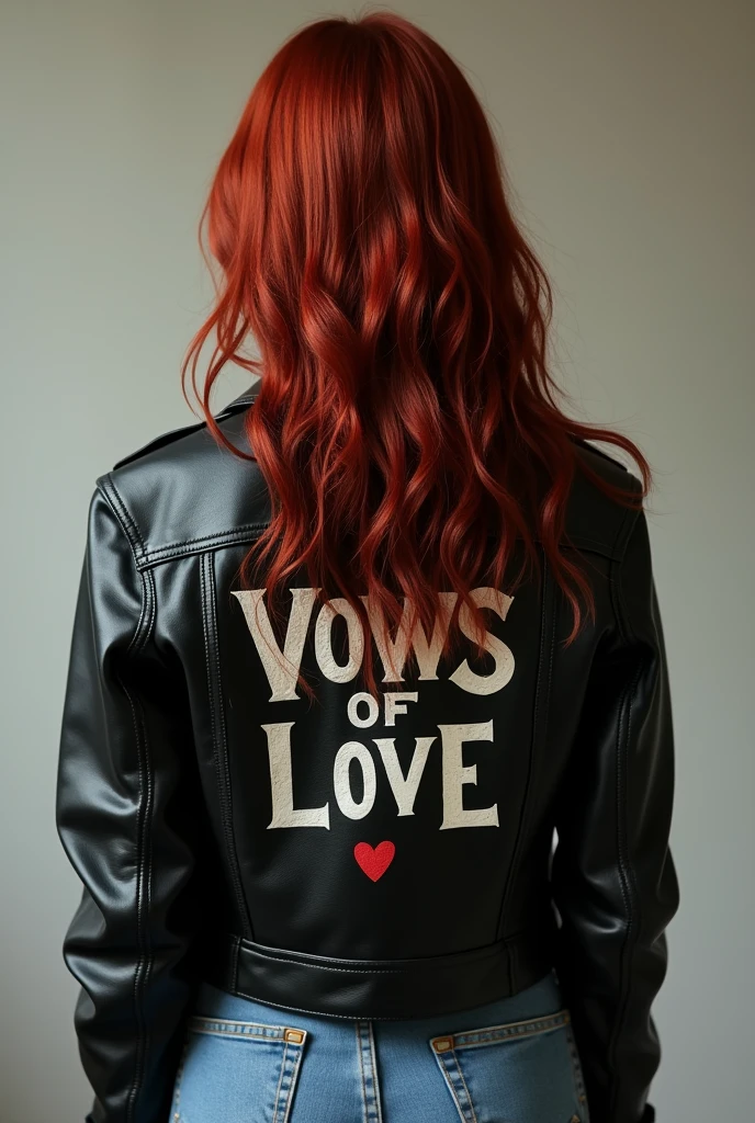 Create a photo of a girl from behind with dark red hair , with ALL star on the foot and a black leather jacket with the words VOWS OF LOVE written on it