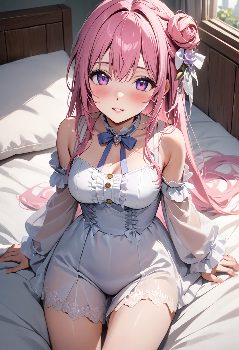 (Highest quality, 4K, 8k, High resolution, masterpiece:1.2), Very detailed, Picturesque, Anime style photo, Photo Anime:1.37)、a beautiful girl、(pink hair)、(long  hair)、white lily Hair Ornaments、white wings、standing、On the bed room、(((White lace underwear)))、Doroty