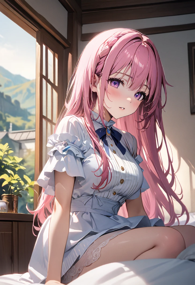 (Highest quality, 4K, 8k, High resolution, masterpiece:1.2), Very detailed, Picturesque, Anime style photo, Photo Anime:1.37)、a beautiful girl、(pink hair)、(long  hair)、white lily Hair Ornaments、white wings、standing、On the bed room、(((White lace underwear)))、Doroty