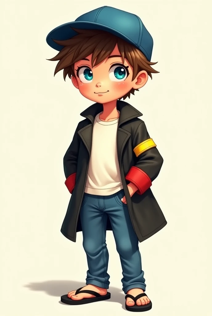 create a very young male character with a blue flat brim cap on the side. The brown hair underneath the cap with almost no hair left outside the cap, big, bright baby blue eyes. The character&#39;s shirt must be white and jeans blue and on his feet flip-flops like Brazilian Havaianas all black. On top of it all a black trench coat with red cuff on the red sleeve add a yellow stripe just below the shoulder