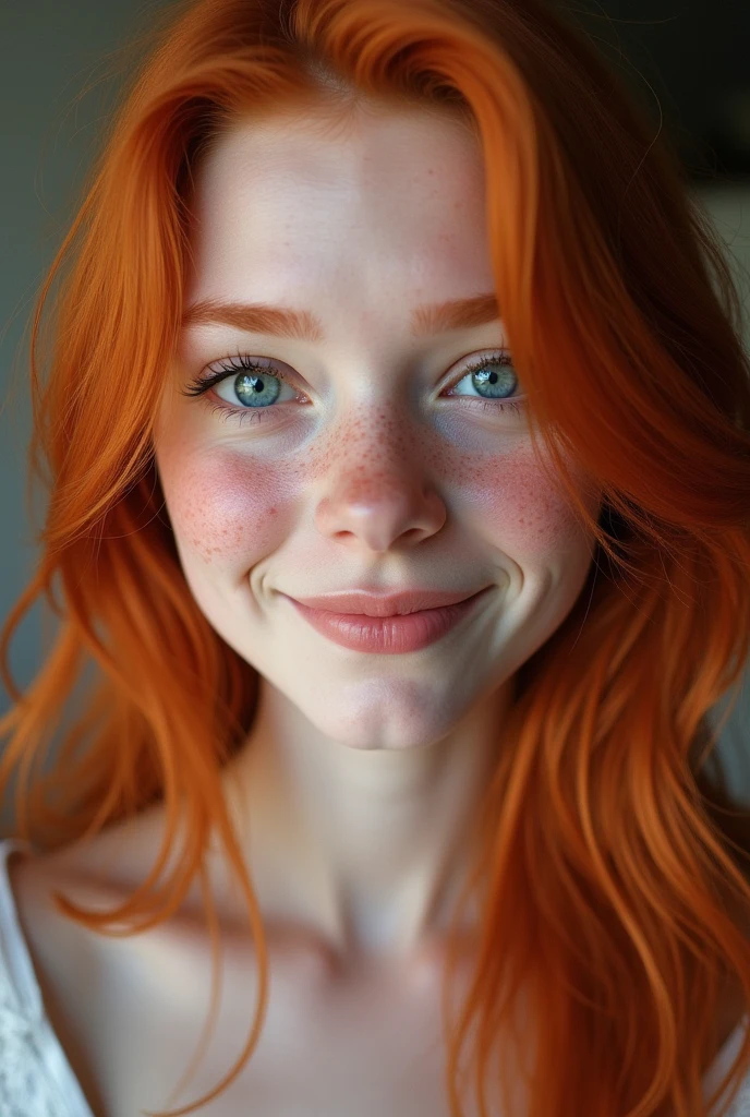 Une jeune femme rousse (22 ans,visage innocent et les yeux bleux) avec un magnifique sourire et des taches de rousseurs
