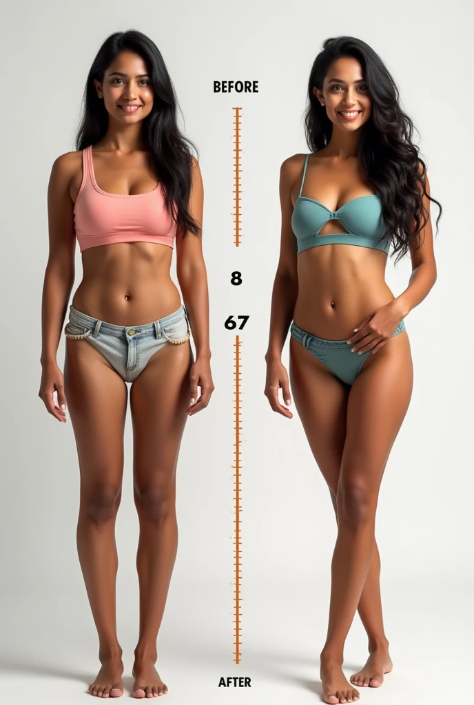 Advertisement poster containing a butiful 3 realistic indian lady's bedore and after photo of weight lose from 80 kg to 67 kg and some lines for ideal weight written on that
