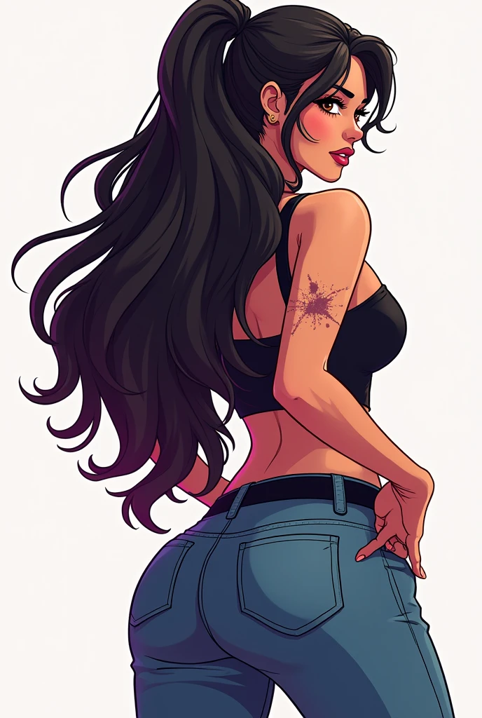 image of a girl with her back facing the viewer, She should be showing her injured hand, with the focus on her hair, back, and the hand. have a curvy figure and be dressed in stylish, cool clothing, you can't see her face." Cartoon style ، her injured hand is very obvious,her face isn't revealing