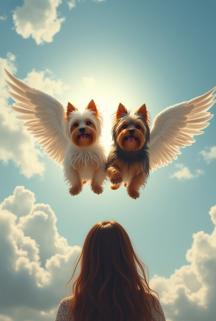 My two long-haired Yorkshire terriers together in the sky, reuniting with their wings and I watching them together. Me long brown hair and woman A yorshire with lighter fur and another with dark fur and tongue out, adults