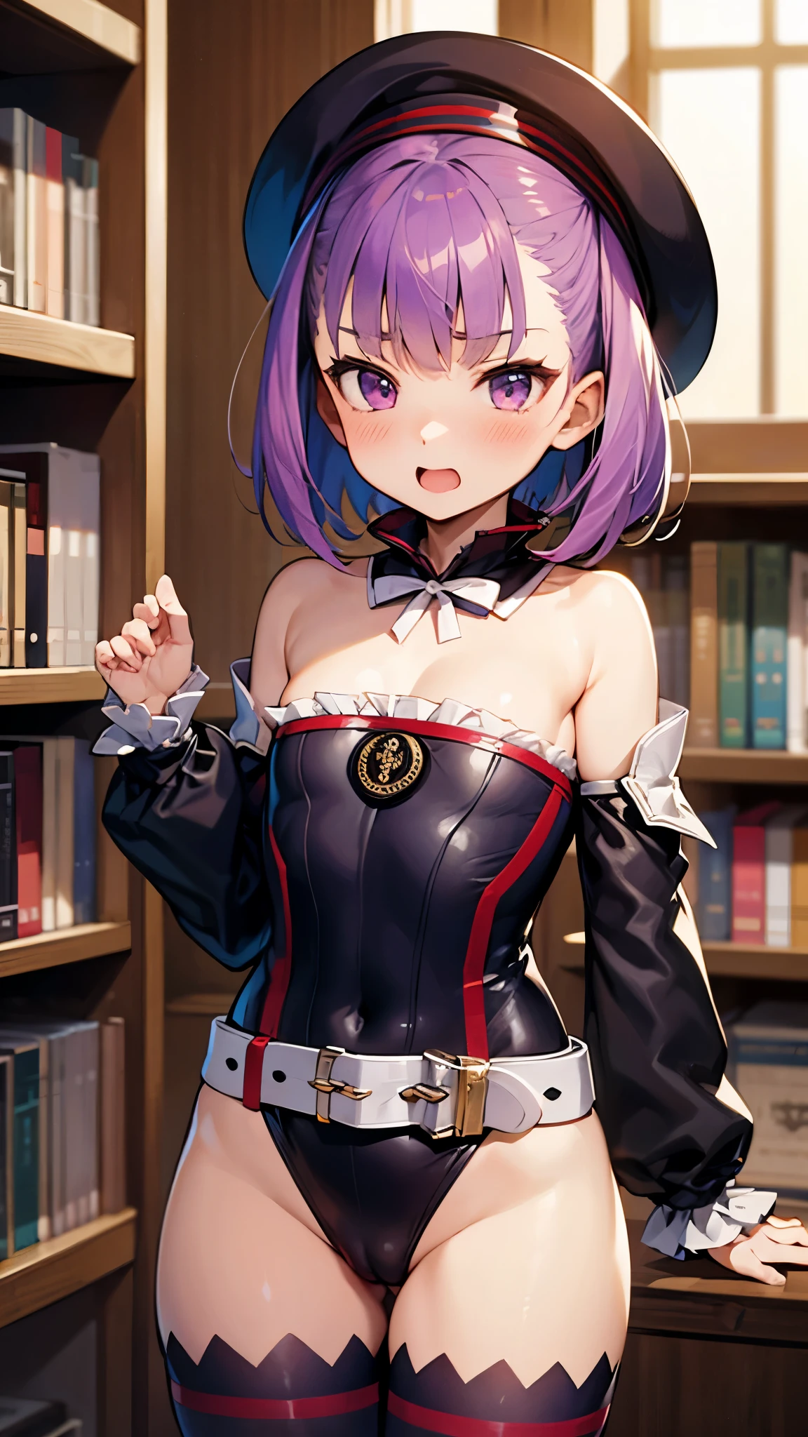 NSFW,masterpiece,Highest quality,High resolution,Very detailed,Helena Blavatsky\(Fate/grandorder\)、Purple Hair、short hair、（Purple eyes：1.1）、Shoulder Bare、belt、beret、ribbon、- Detachable collar、Removable sleeves、hat、leotard、紫色のhat、紫色のleotard、赤いbelt、白いribbon、White sleeves,library,Bookshelf,machine,Embarrassed,blush