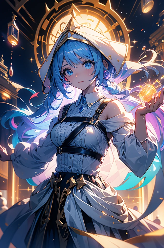 enchantress, highest quality,((highest quality)),((table top)),((perfect face)),become familiar with５two-fingered hand,1 girl,(background blur), ((holographic)),1 girl,milky way, (stripes of light), impressive visuals, (dynamic streak, path of light:1.2), bright colors, Face up,dynamic pose, Fountain in the background,　have a cane, Like an anime poster,　A fateful journey