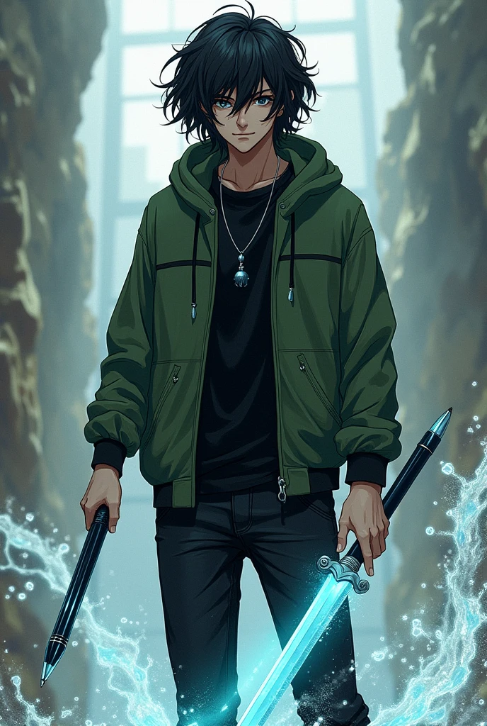 A demigod of 1,80 adult man Half straight half curly black hair Wears a black casual blouse and a moss green sweatshirt and black pants My weapon is a pen that turns into a sword My powers are based on water and earthquake manipulation and water gives me a healing factor too