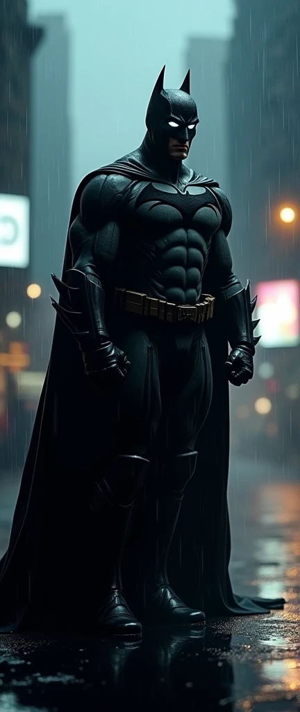silhuette do batman, he has a long black cape, dark scene in the rain, realistic as a mirror, raindrops fall, particles in blur, white eyes glow in the dark like LEDs, lens flare, MACABRO, Noir style, billboard lights in blur, silhuette, lens flares, reflection on the floor,