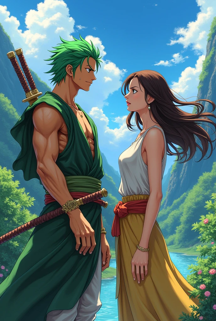 Zoro from one piece with a brunette girl by his side 

