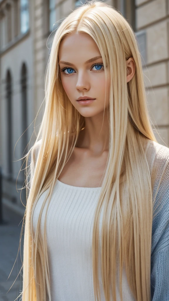 Tall girl and slender, blonde hair, blue eyes, fair skin, Nordic elegance