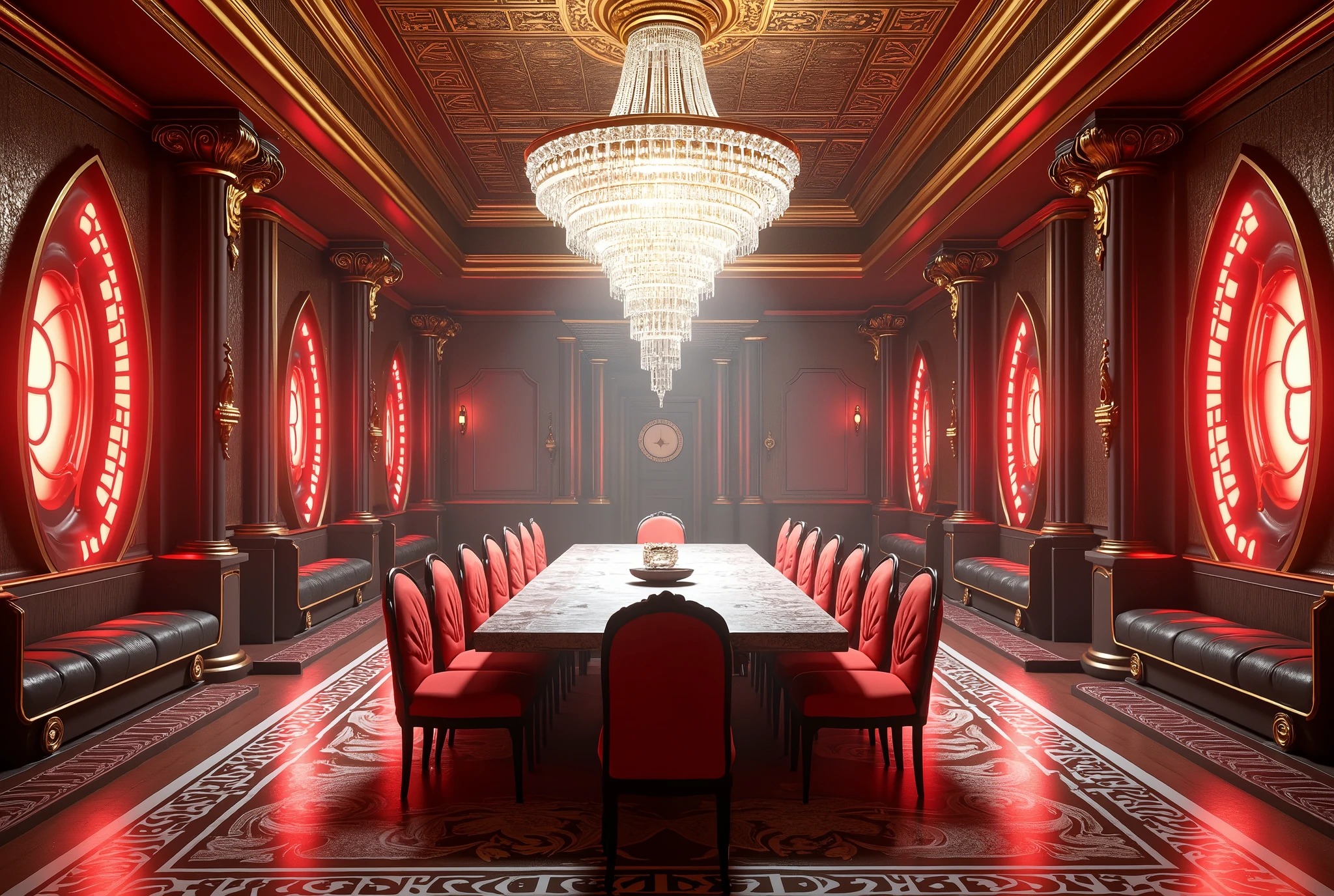 futuristic persian palace interior, dining room with table, chairs, and chandelier, highly detailed, 8k, hyperrealistic, symmetrical, cinematic, smooth unreal engine, cgsociety, rich cyberpunk decor, Rene Lalique and Eddy Mendoza, red shift, 5k, volumetric lighting, photorealistic, intricate architecture, ornate furnishings, complex patterns, dramatic shadows, neon accents, gleaming metal surfaces, glossy reflections