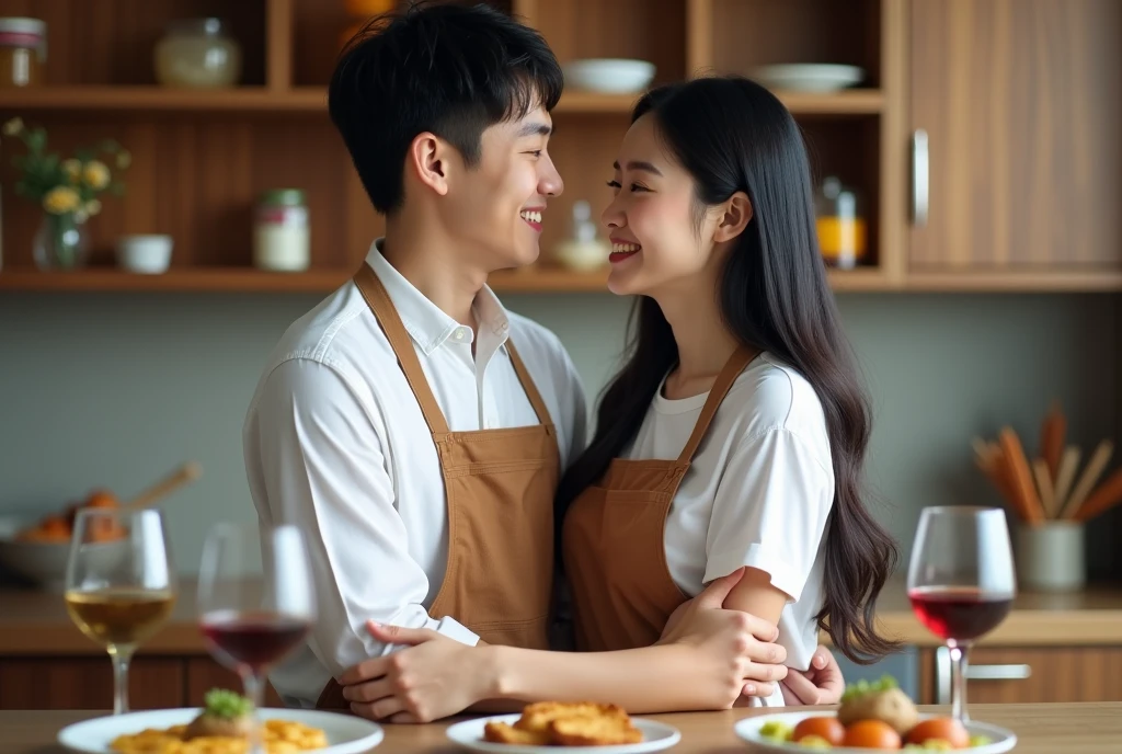 High Resolution, Masterpiece, Accurate, Best Quality, Detail, High Quality, realistic photo. A young 20 years old asian women, long dark hair, white skin, height: 155 cm, weight: 45 kg. A 2 man, short straight hair, height: 160 cm, weight: 55 kg. They are in a kitchen. They are standing close together, with the man's arm around the woman's waist. The woman is wearing a brown apron and has long dark hair. The man is wearing a white shirt. They both have big smiles on their faces and are looking at each other lovingly. In the background, there is a wooden shelf with various kitchen items, including a jar of honey, a bunch of garlic, and a vase of flowers. On the table in front of them, there are plates of food and a glass of wine. The overall mood of the image is happy and romantic.
