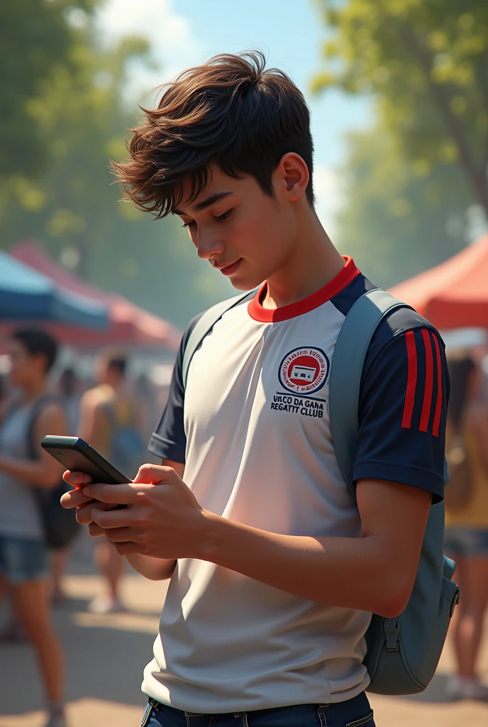  playing on cell phone, with the Vasco da Gama regatta club shirt 
