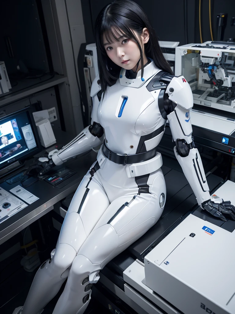 Japanese female android,Black Hair,Lying supine on the operating table,fixed with a belt,Plump,Slightly thicker,White robot suit,There is a control panel on the chest.,Robotic arms and legs,A room filled with machines,