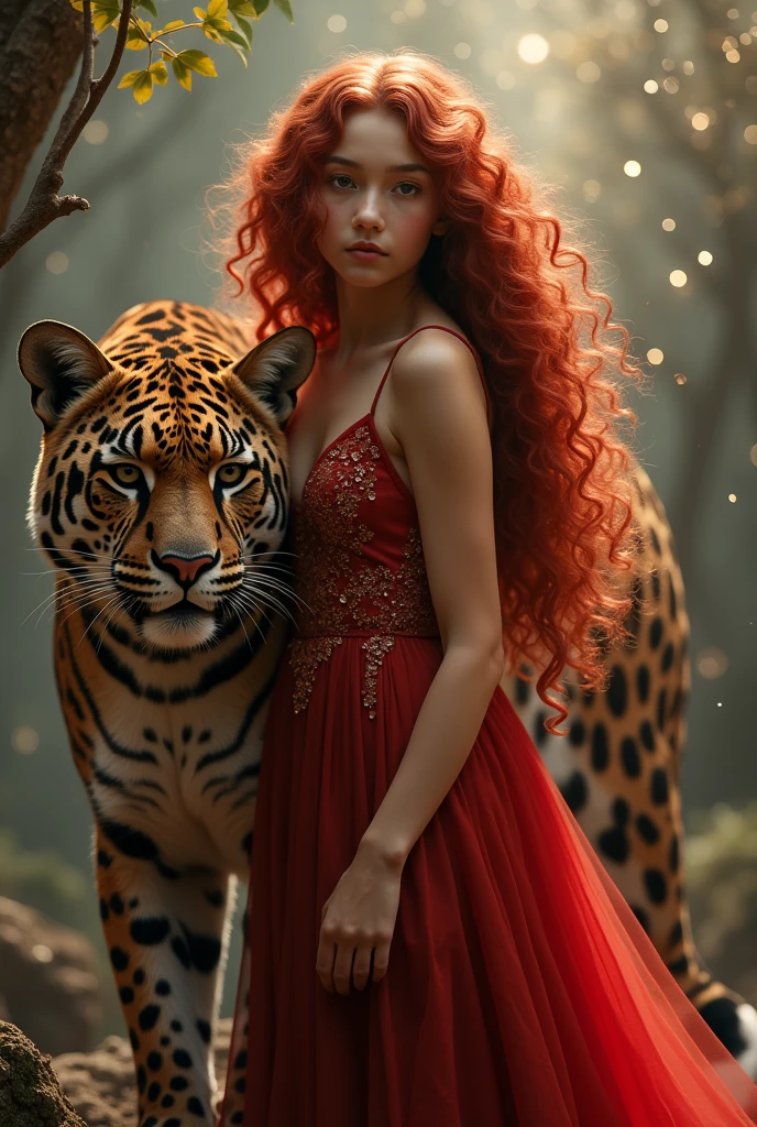 Elegant  girl with deep red curls and a jaguar