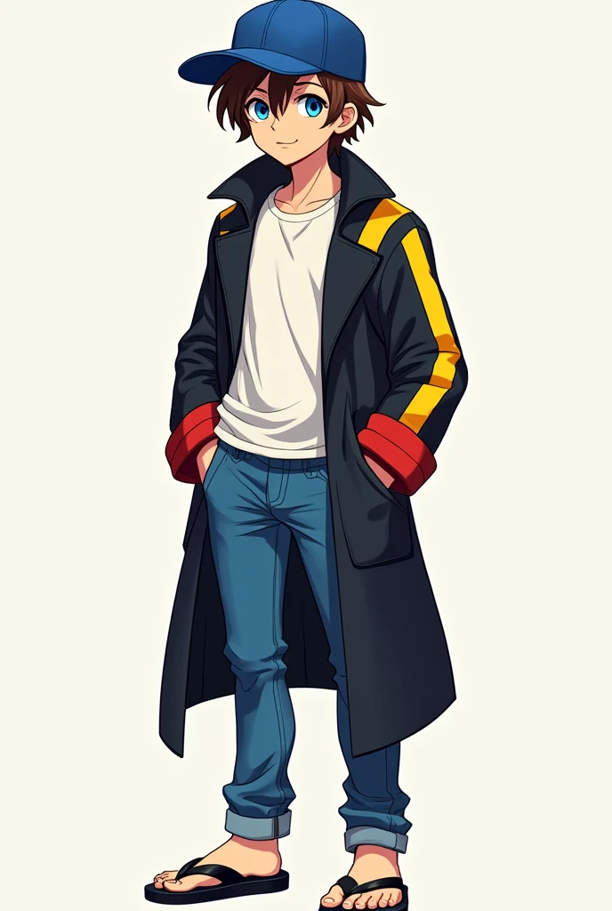 create a very young male character with a blue flat brim cap on the side. The brown hair underneath the cap with almost no hair left outside the cap, big, bright baby blue eyes. The character's shirt must be white and jeans blue and on his feet flip-flops like Brazilian Havaianas all black. On top of everything, a black trench coat with a red cuff on the red sleeve. Add a yellow stripe a little below the shoulder. This stripe should continue in a circular fashion around the entire trench coat.
