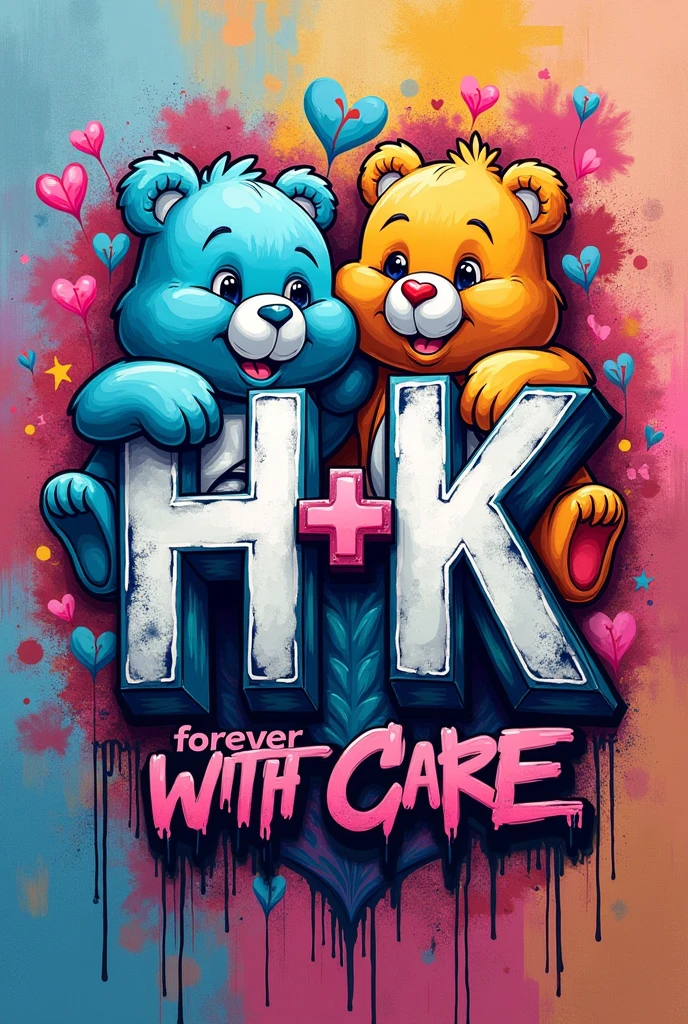 a logo that says H + K FOREVER with Care Bears in GRAFFITI style background