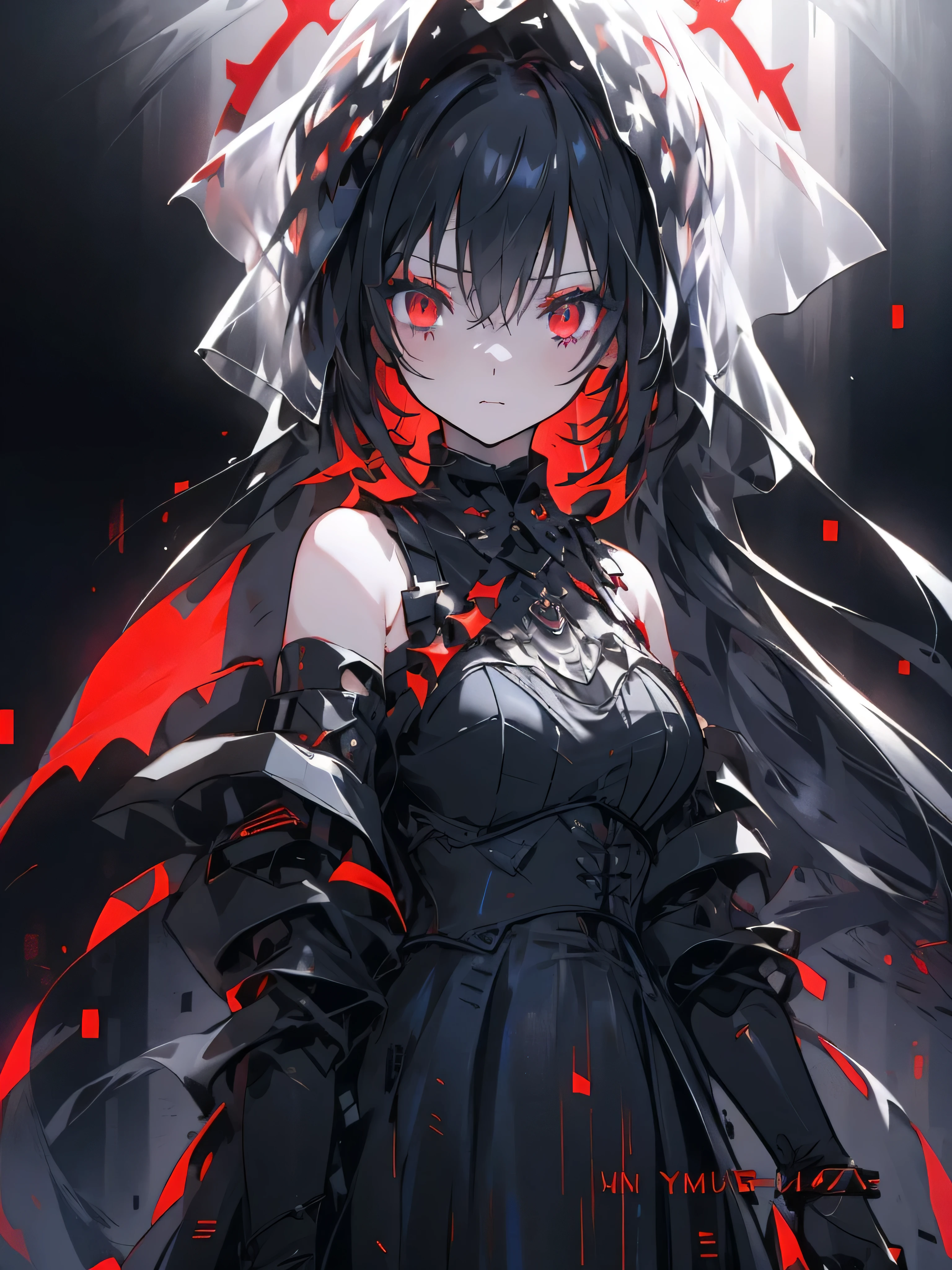 1girl, solo, black hair, red eyes, glowing eyes, ponytail, front view, medium breast, expressionless, Veil, Hair, Black Dress, Off-Shoulder Dress, Long Sleeges, Long Dress, frontslit, (Gothic), slim, dark ambience, night, dark room, looking at viewer, front view, tight clothes