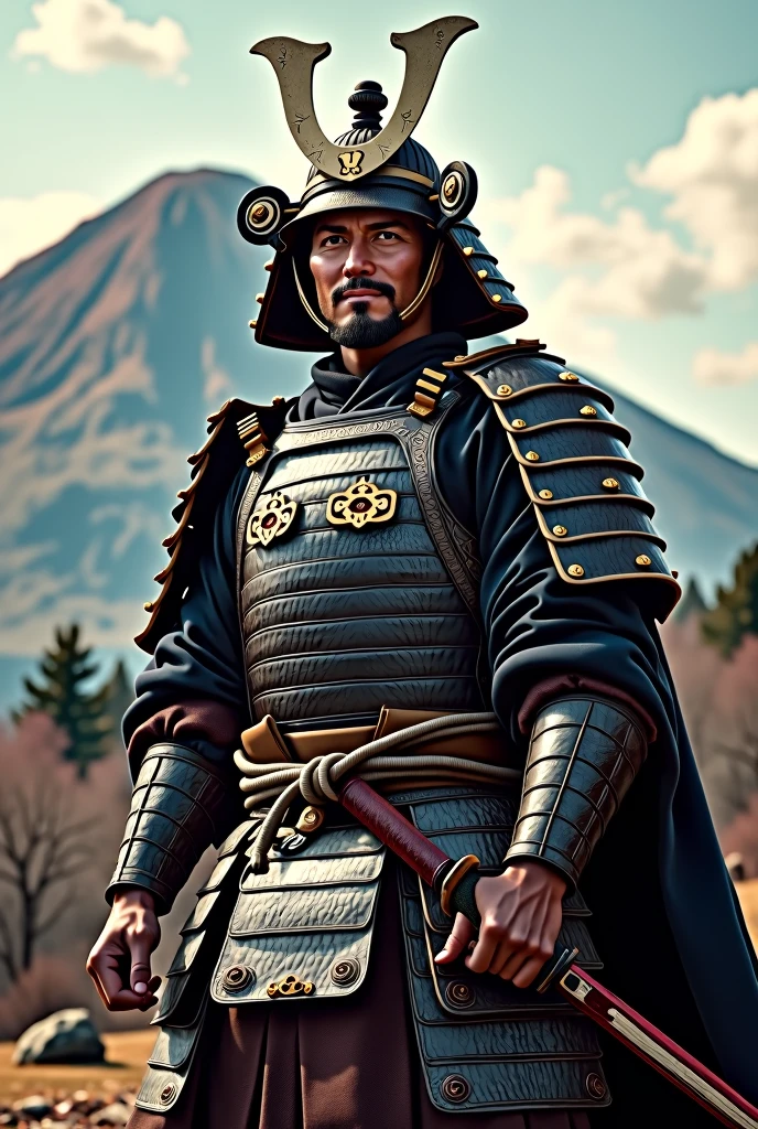 (best quality, 4k, 8k, high resolution, masterpiece: 1.2), highly detailed, (realistic, photorealistic, photorealistic: 1.37), samurai, traditional armor, ultra-fine painting, HDR, UHD, studio lighting, physics. Based on rendering, professional, bright colors, long katana, shiny metallic armor, cloth tunic with intricate patterns, sharp focus Shiroyama hill background, polished helmet, decorative badge, smiling and authoritative expression, strong posture, rippling muscles and firm body, styled