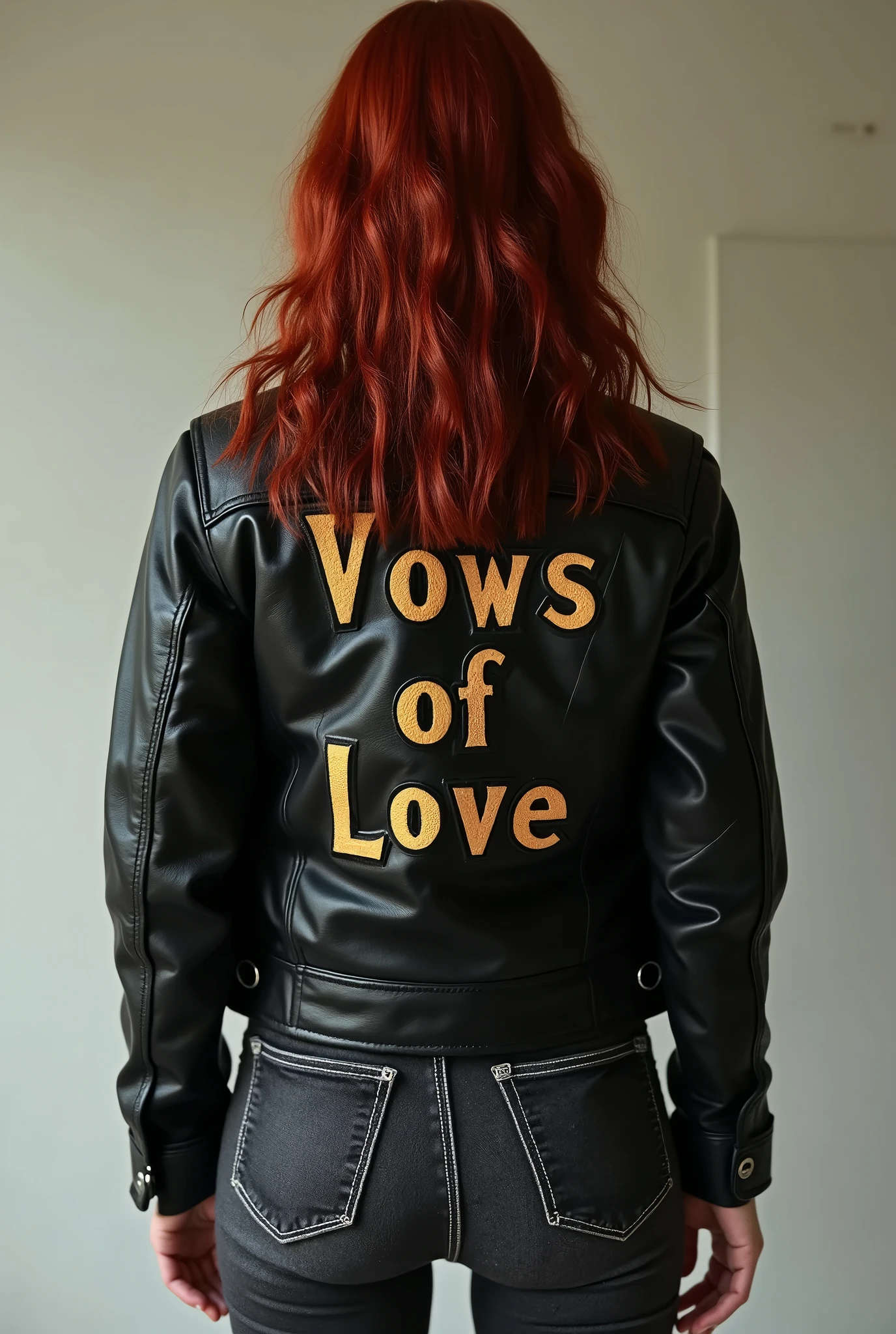 Create a photo of a girl from behind with dark red hair , with ALL star on the foot and a black leather jacket with the words VOWS OF LOVE written on it